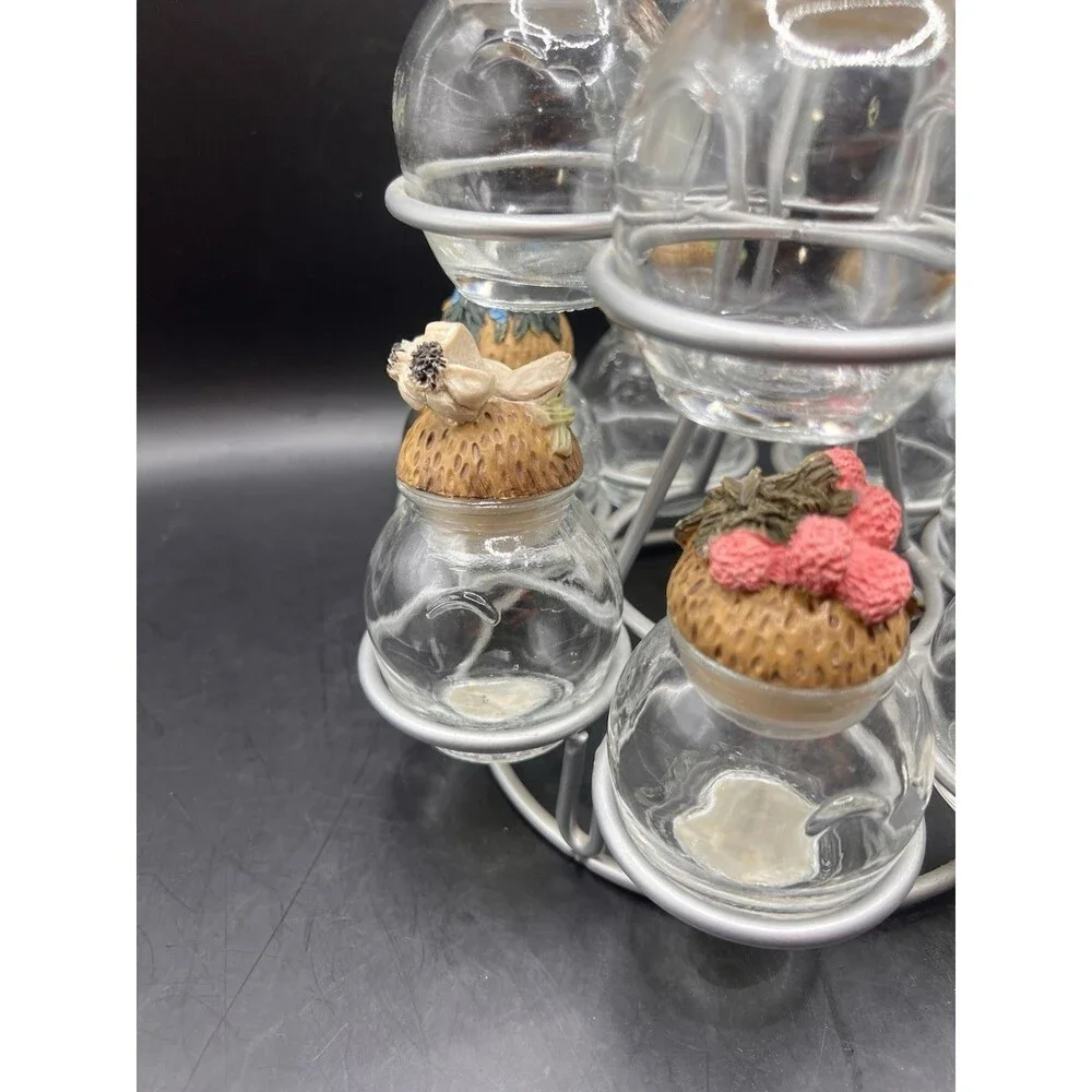 12 Collectible Vintage Shonfeld's Glass Spice Jars with Resin Cork Lids & Stand